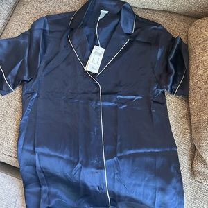 Short Sleeve Silk Shirt with Contrast Trim Small Intense Blue Navy Pajama Sleep